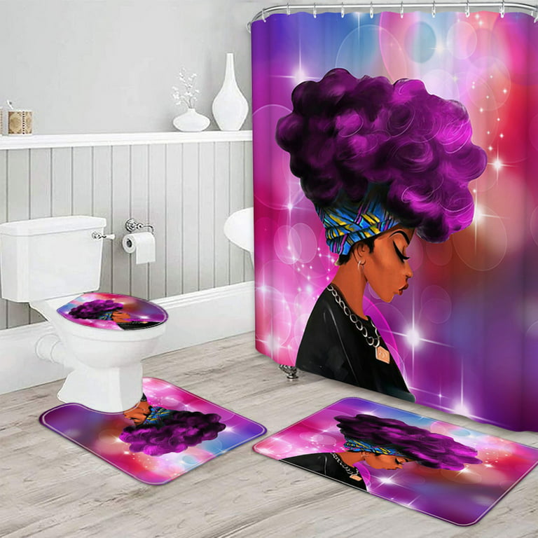 4pcs Afro Purple Hair Black Girl Shower Curtain Set For Bathroom Decor Waterproof Fabric Polyester Bath With 12 Hooks Non Slip Toilet Pad Lid Er Mat Com