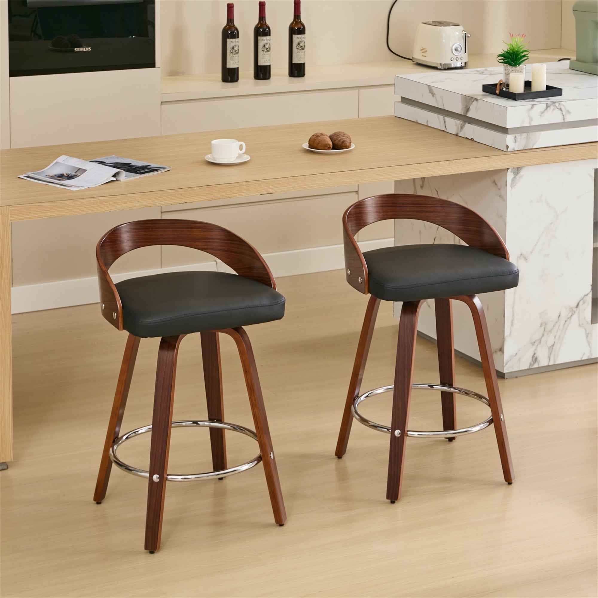 Miniyam Bar Stools Set of 2, 25-Inch Seat Height, Low Back Soft Cushion, Black