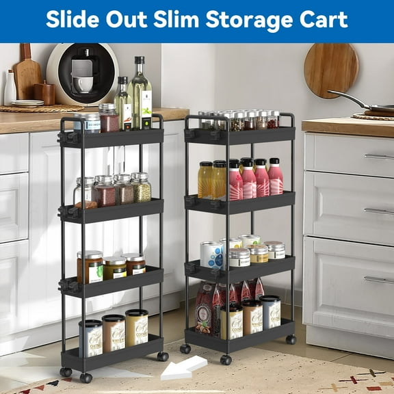 New 4-Tier Black Utility Cart, Heavy Duty Rolling Storage Organizer with Wheels for Kitchen, Bathroom, Office - Mobile Shelving Rack with Lockable Casters