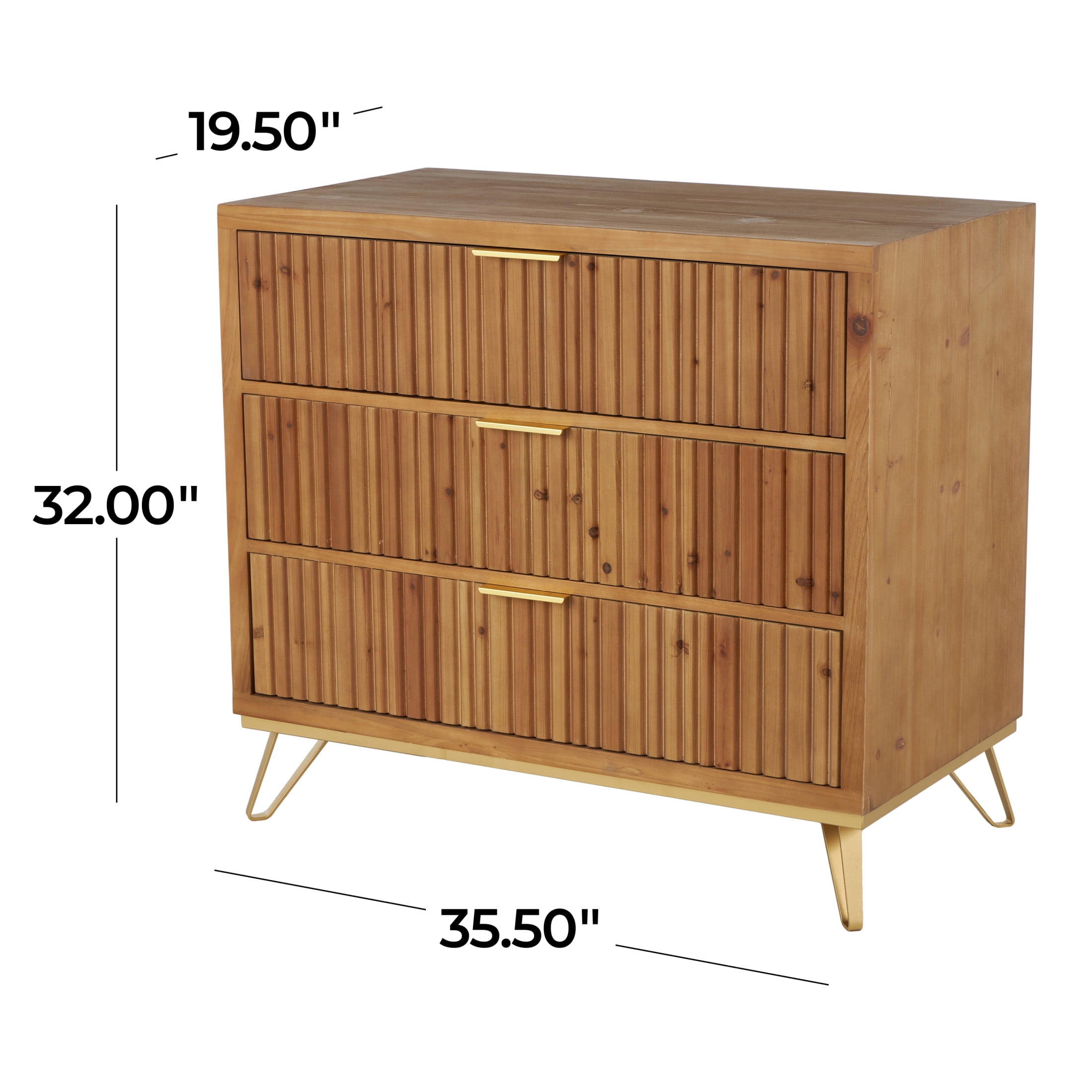 DecMode 36" x 32" Brown Wooden Ribbed 3 Drawer Chest with Gold Handles and Legs, 1-Piece
