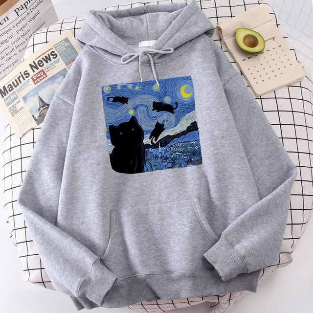 Sudaderas con capucha con estampado de noche de gato estrellado para hombre, Sudadera con capucha de gran tamaño, sudaderas de lana a la moda, Jersey informal S-Xxl, Tops