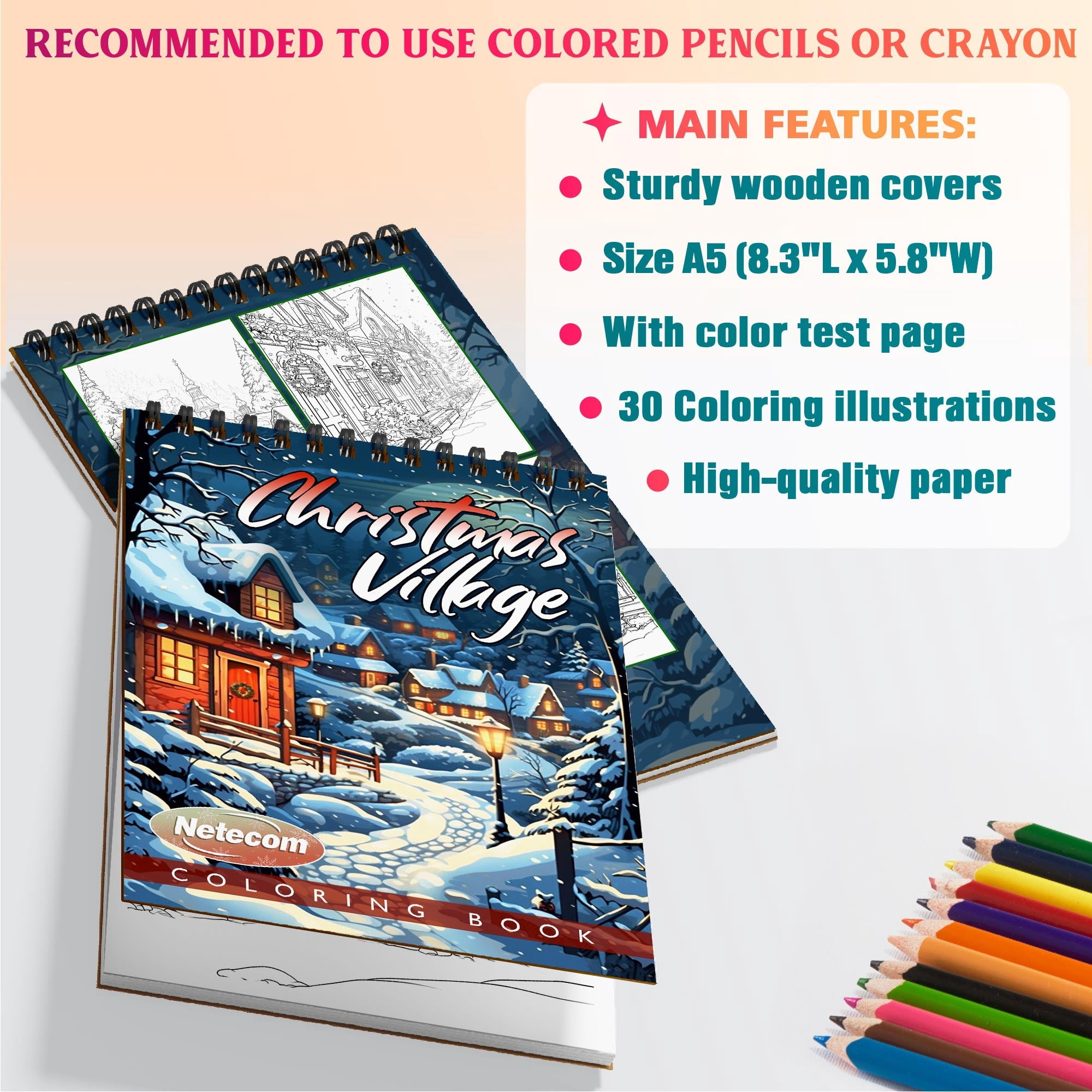 Netecom Christmas Village Coloring Book Spiral Bound For Adults, A5 Wooden Cover, 30 Beautiful Coloring Pages of Snow-Covered Cottages for Stress Relief and Relaxation