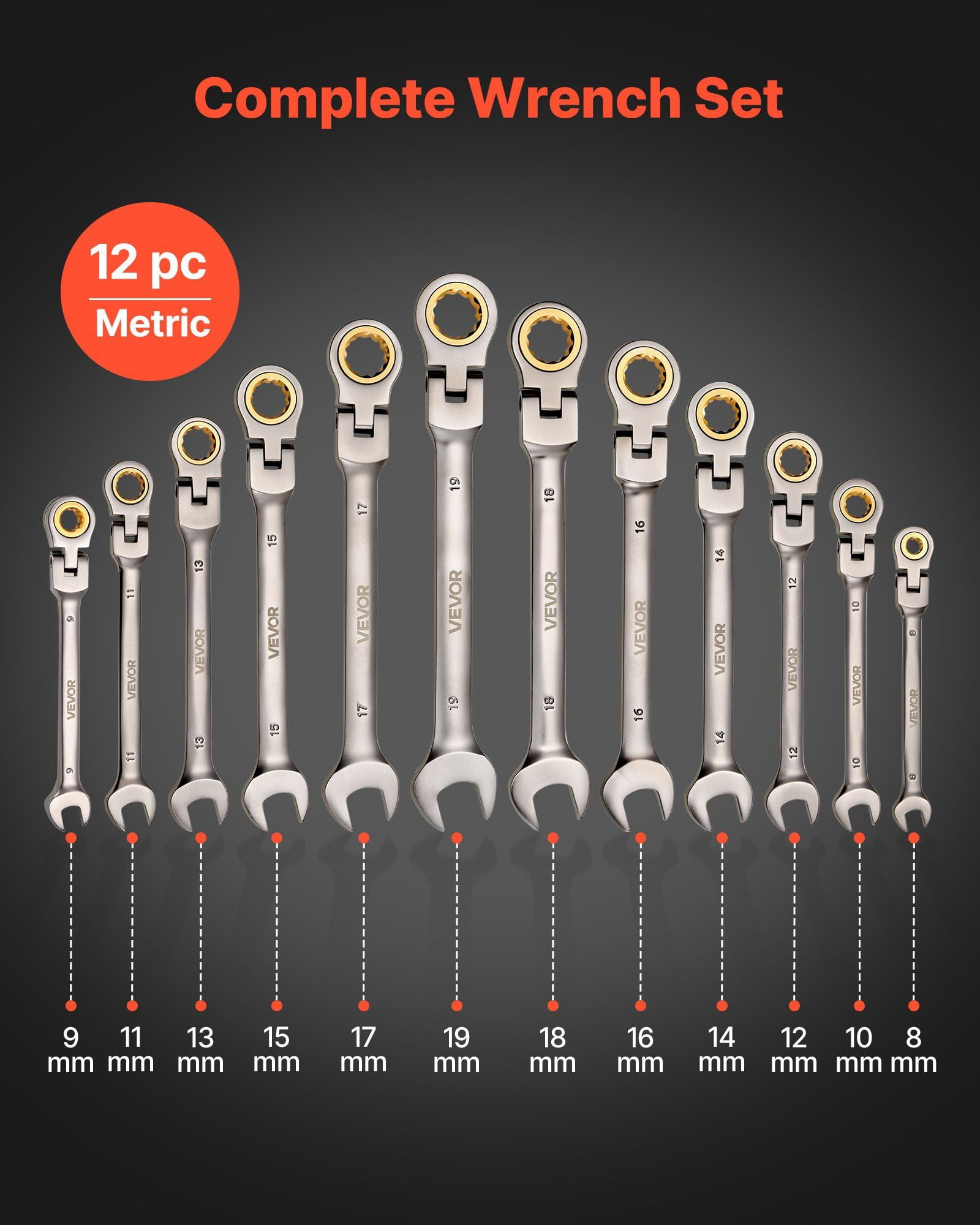 Flex-Head Ratcheting Wrench Set, 12-Piece Metric 8 mm to 19 mm, 72 Teeth, Cr-V Steel Ratchet Flexible Combination Wrench Set with Roll Up Pouch, for General Household and Automotive Repairs