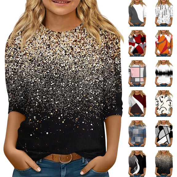 OIOLOYJM Girls 3/4 Sleeve Tops Casual Cute Geometric Print Crewneck Slim Fit Tops Fashion Lightweight Going Out Outfits