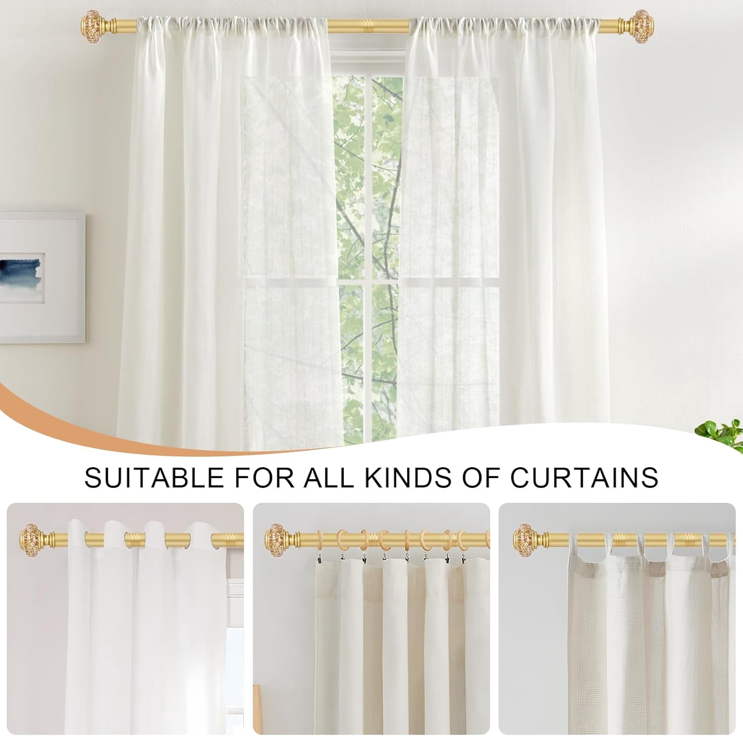 Silver Extra Long Curtain Rods for Windows 120 to 170 Inch, Decorative Vintage Crystal 1'' Curtain Rod with Silver Foil Finials, Adjustable Heavy Duty Easy Install Drapery Pole Set for Farmhouse