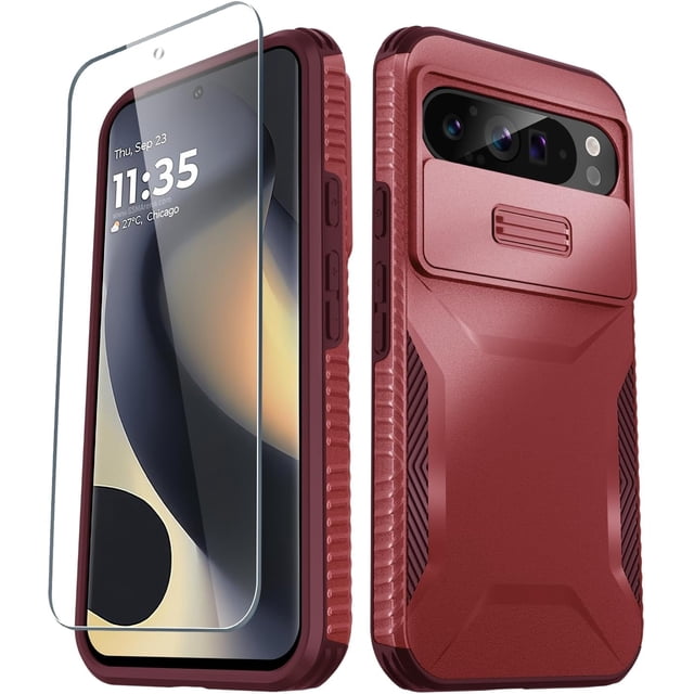 KOMI for Google Pixel 9/9 Pro Case with 1 Screen Protector, Built-in Slide Camera Cover, Military Grade Drop Protection, Heavy Duty Rugged Shockproof Protective Phone Cover, Red