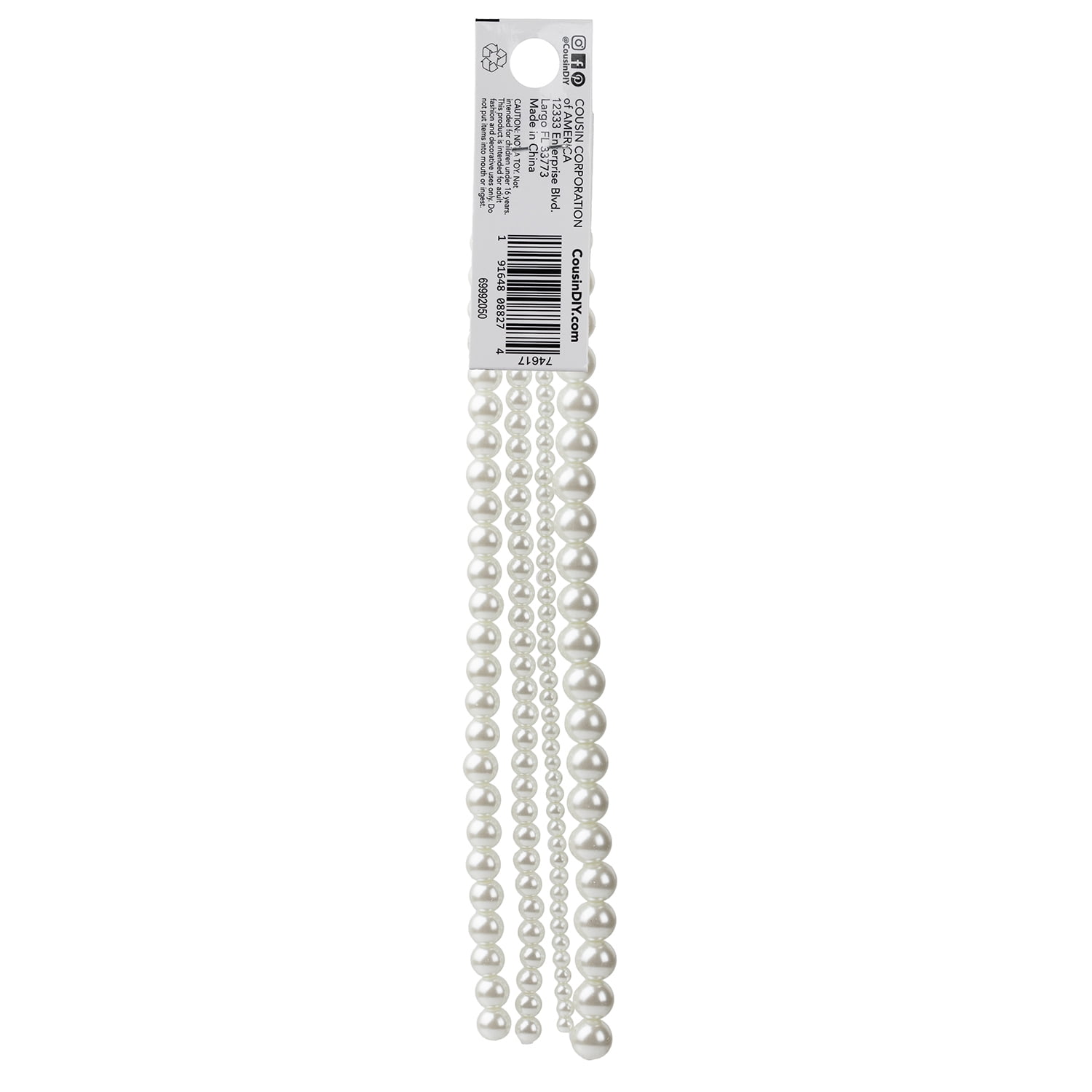 (4 pack) Cousin DIY Unisex 4-Strand White Pearl Glass Beads, 7.5 Inch, 120 Piece