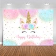 thumbnail image 1 of Fondo de unicornio arcoíris para fiesta de cumpleaños de niñas, con acuarela, flores, purpurina, estrellas y puntos., 1 of 4