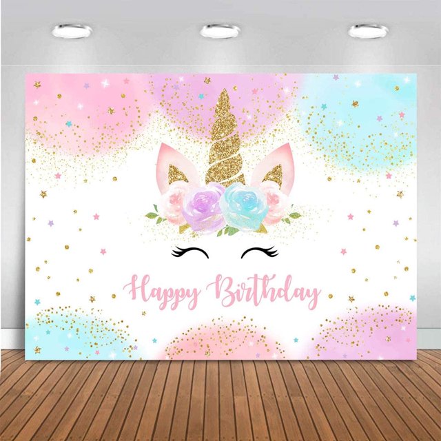 Fondo de unicornio arcoíris para fiesta de cumpleaños de niñas, con acuarela, flores, purpurina, estrellas y puntos.