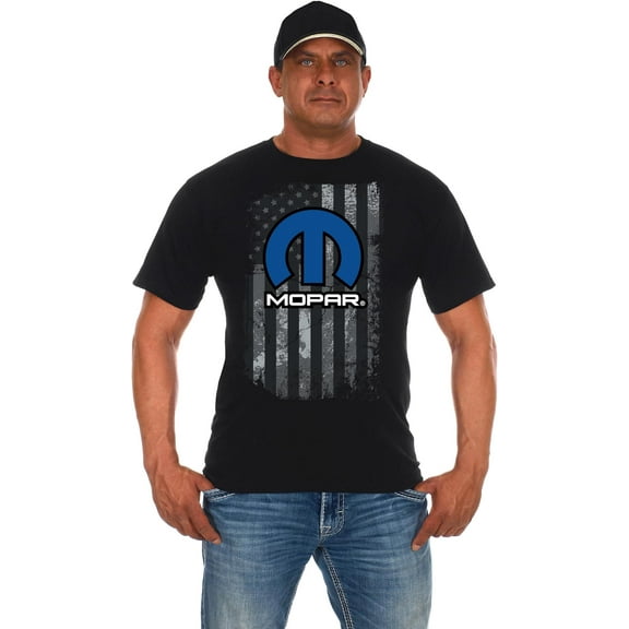 JH Design Men's Mopar Black T-Shirt Distressed American Flag Crew Neck Shirt