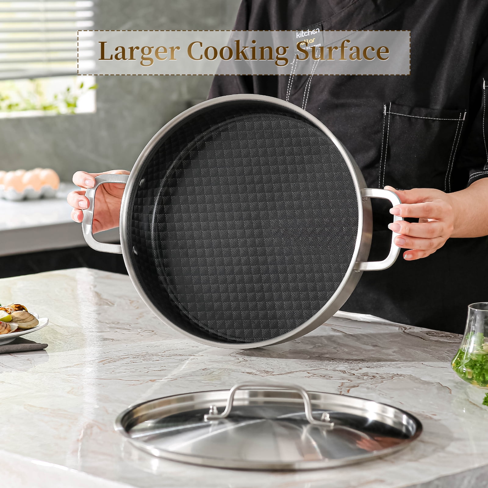 DELARLO 7QT Tri-Ply Stainless Steel Non Stick Braiser Pan with Lid,12inch Deep Frying Pan,Large Saute Pan Induction Compatible,Heavy Duty and Oven Safe