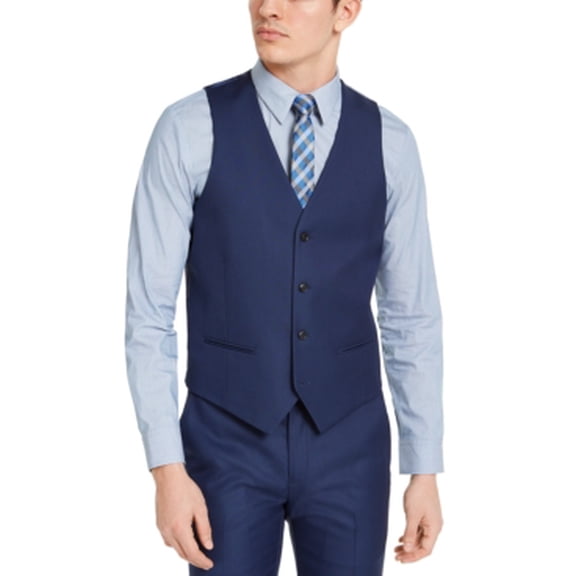 Alfani Mens Slim fit Button-Up Suit Vest Large Navy Blue Solid Stretch
