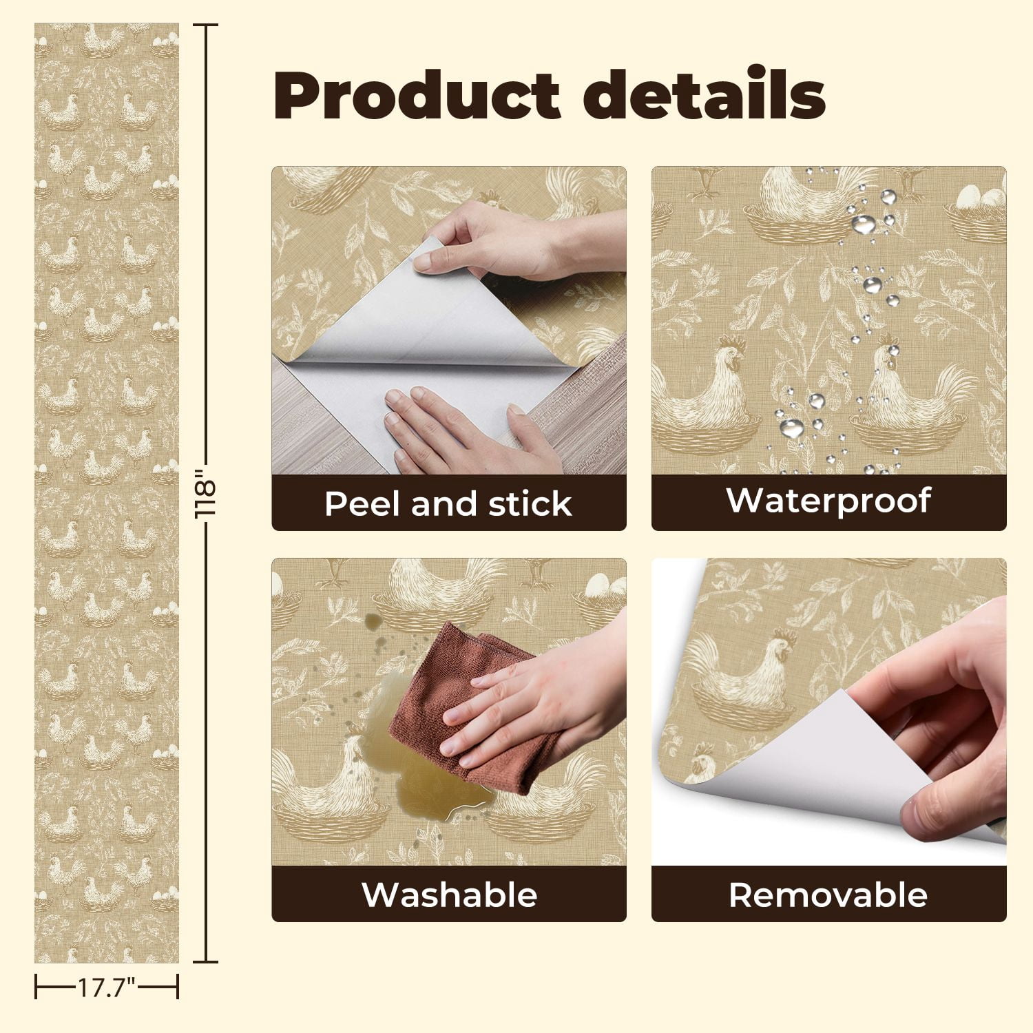 Peel and Stick Wallpaper 17.7in x 9.8ft Rustic Farmhouse Chicken Nesting Neutral Beige Contact Paper Vinyl Waterproof Self Adhesive Wall Paper for Bedroom Shelf Cabinet Renter Friendly