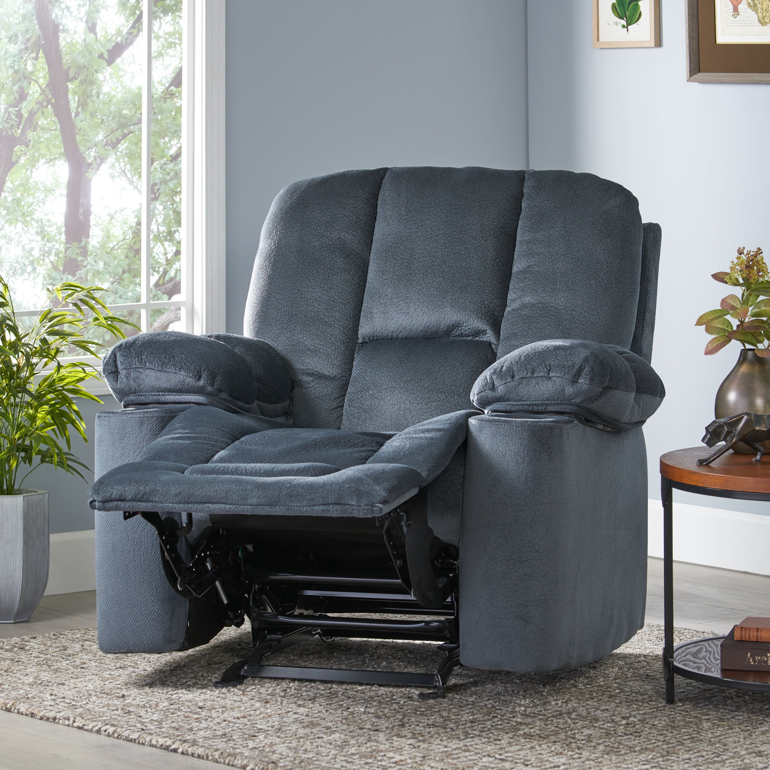 Euroco Luxurious Manual Recliner Chair in Silver with Skin-Friendly Fabric and Dual Cup Holders