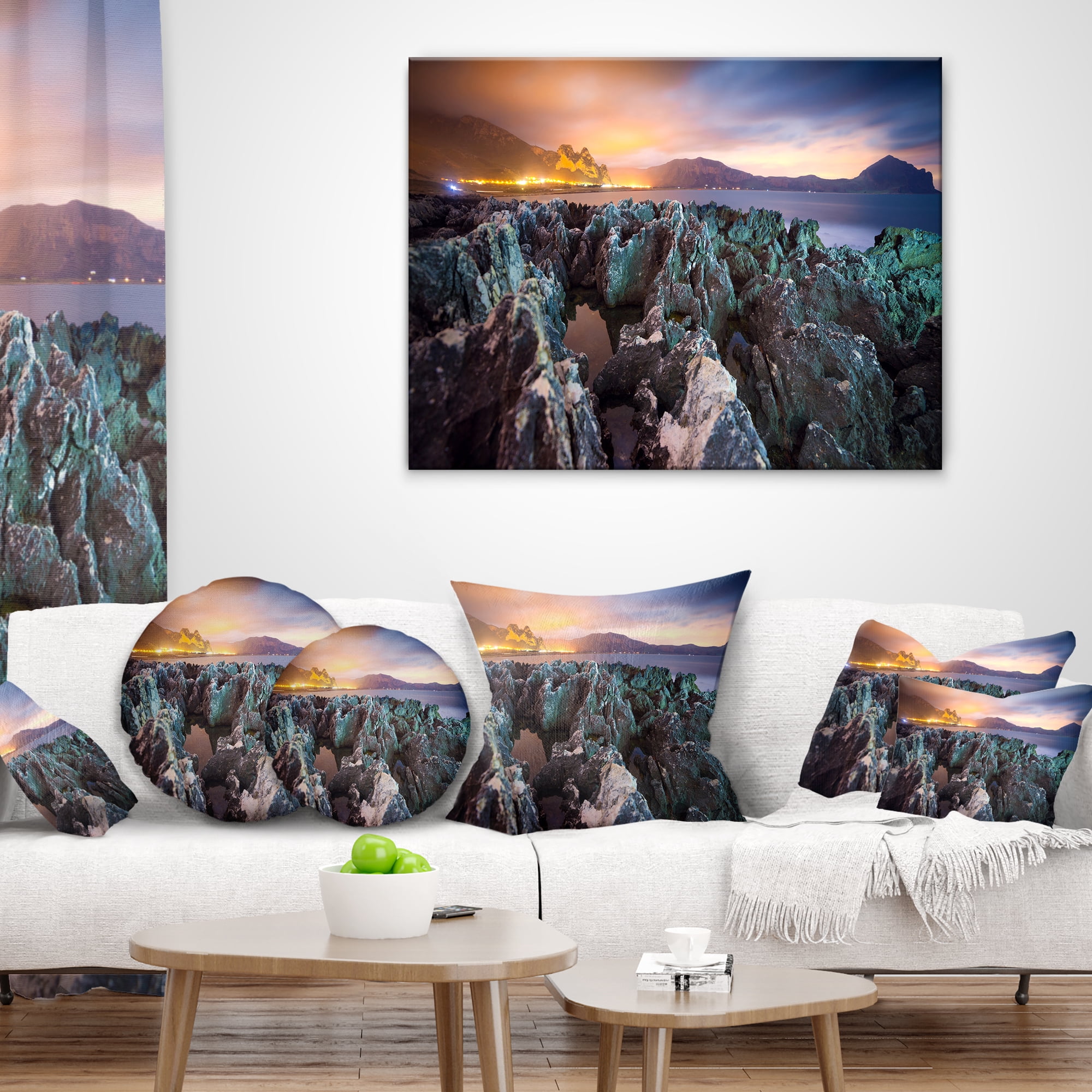 Designart Beautiful Night View of Coast - Landscape Printed Throw Pillow - 12x20
