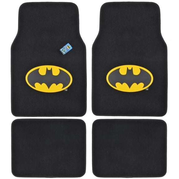 BDK WBMT-1301 Batman Carpet Car Floor Mats Black & Yellow Logo - 4 Pieces, Rubber Backing, Front & Rear Full Set