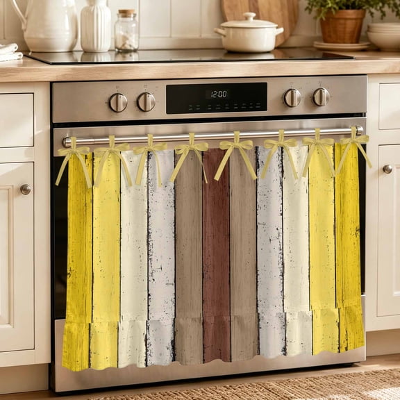 Yellow Brown Oven Curtain with Tie Top,Oven Skirt Curtain for Kitchen,Farmhouse Wood Grain Vintage Striped Under OvenCover Panel for Dust & Grease Protection,Apartment RV Cabinet Curtains 32''x24''