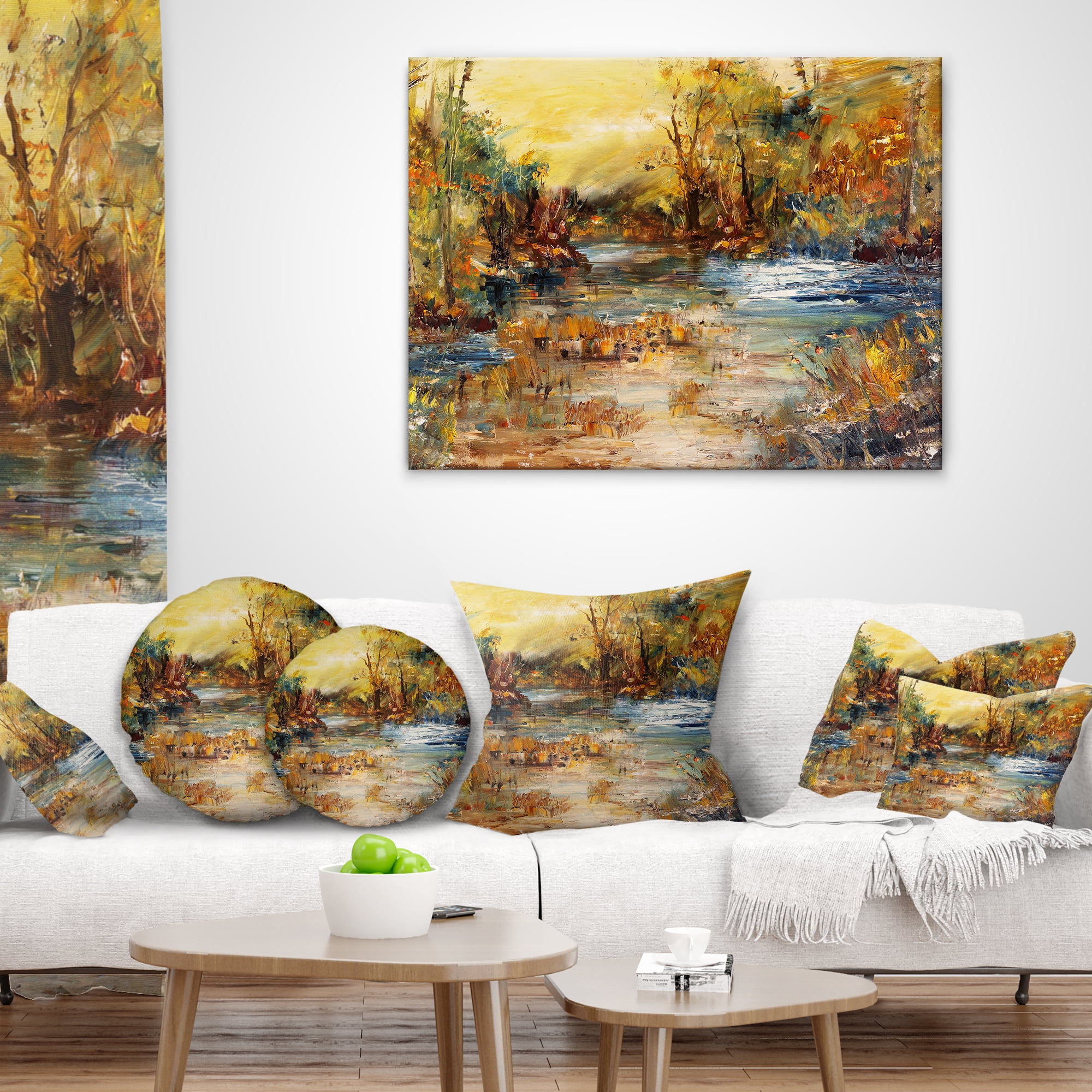 Designart River in Forest Oil Painting - Landscape Painting Throw Pillow - 16x16