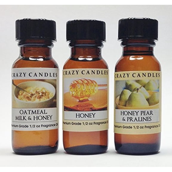 Crazy Candles 3 Bottles Set, 1 Oatmeal, Milk and Honey, 1 Honey, 1 Honey Pear and Pralines 12 Fl Oz Each 15ml Premium Grade Scen