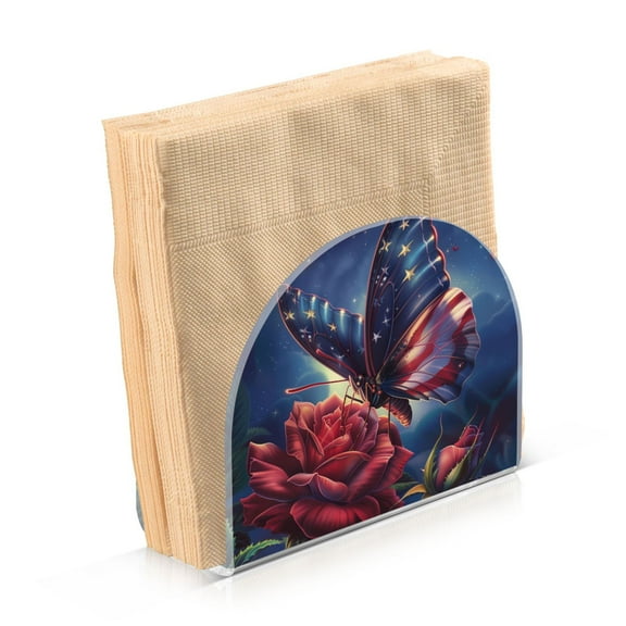 Acrylic Clear Cocktail Napkin Holder 4.1x4.9x2 inch American Flag Colored Butterfly with Flower
