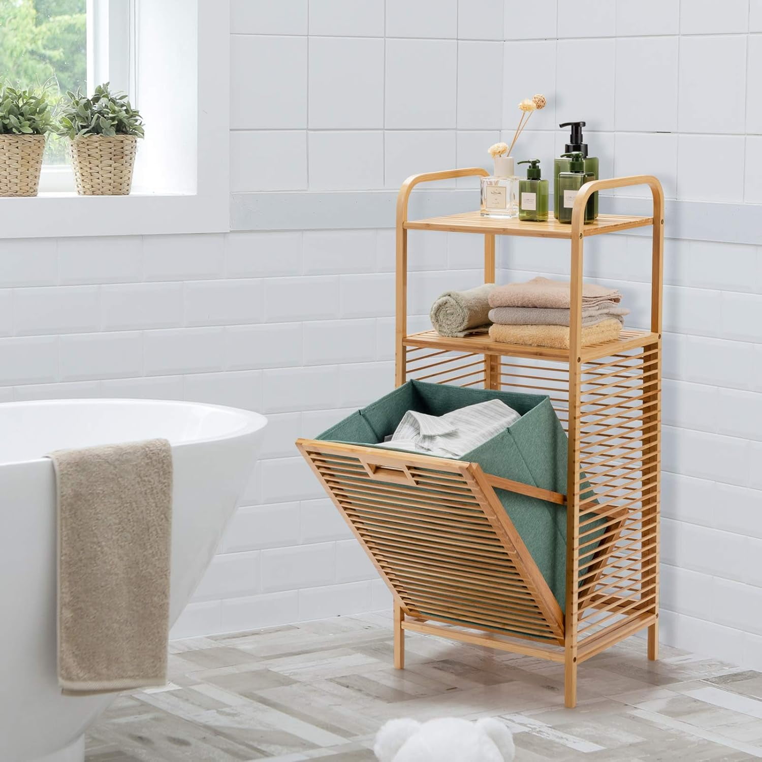 Favory Laundry Hamper Tilt-Out Laundry Linen Hamper Bamboo Freestanding Clothes Basket W/Shelf & Removable Liner, Storage Laundry Shelf for Bathroom Living Room Bedroom, Natural