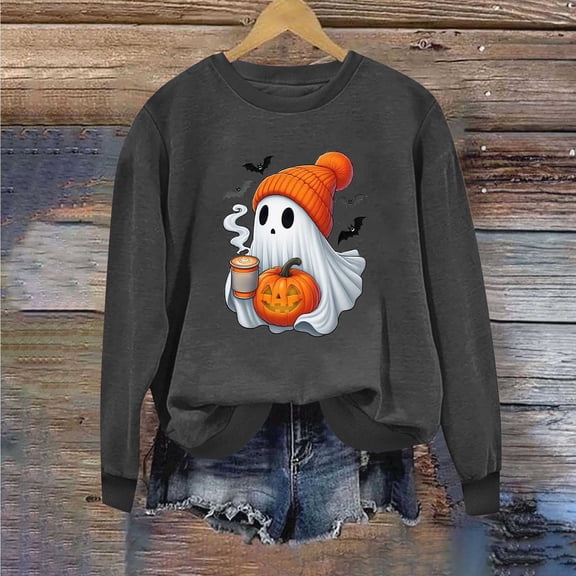 TaTaai Halloween Sweatshirt Women Plus Size Long Sleeve Round Neck Printed Loose Hoodless Top Breathable for Travel