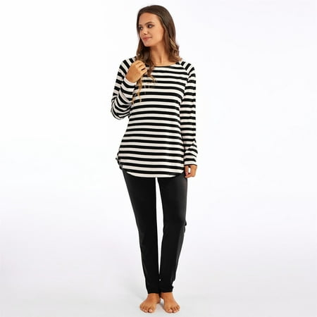 

〖TOTO〗Women Pajama Sets Women Striped Pajamas Set Long Sleeve Tops And Pants Joggers Loungewear Soft Sleepwear