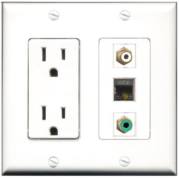 RiteAV - 15 Amp Power Outlet 1 Port RCA White 1 Port RCA Green 1 Port Shielded Cat6 Ethernet Ethernet Decorative Wall Plate