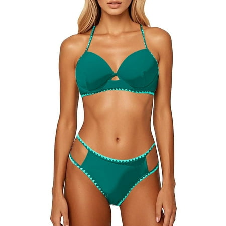 Ladies Swimsuits Solid Color Shoulders Push Up Gathering Separate Bikini Dark Green Womens Bathing Suits S