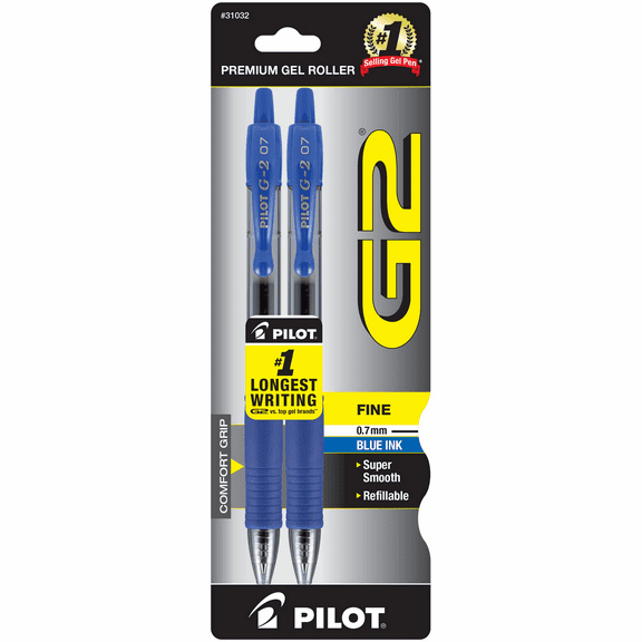 Pilot G2 Retractable Gel Ink Pens, Fine Point, Blue, 2 Count