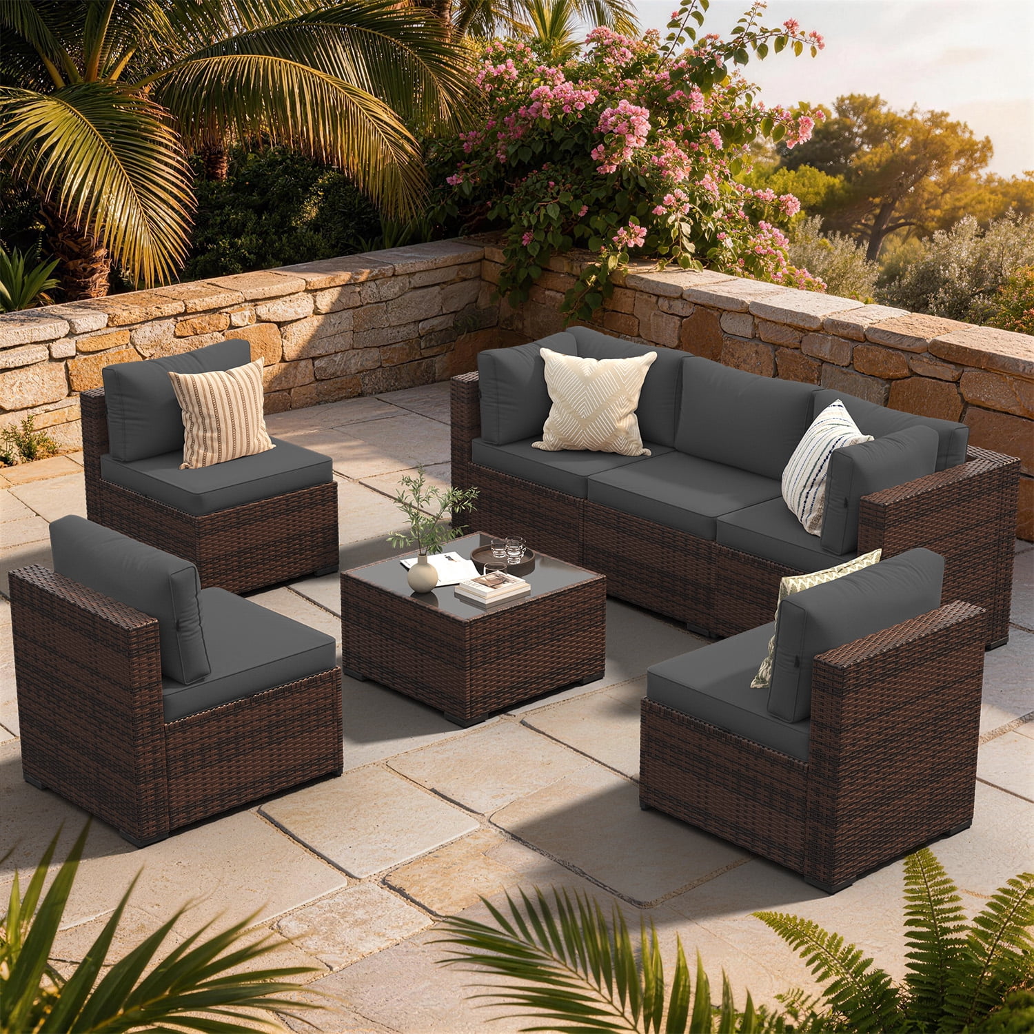 Clouddwell 7 Piece Outdoor Patio Furniture Set, Wicker Rattan Patio Sectional Sofa Set, Grey