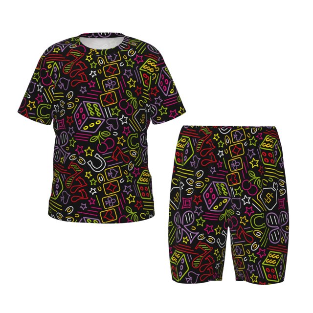 Fotbe Casino Icons Pijama Estampada de 2 Piezas para Niños – Ropa de Dormir de Manga Corta Cómoda para Niños y Niñas, Camiseta y Shorts de Algodón-Small