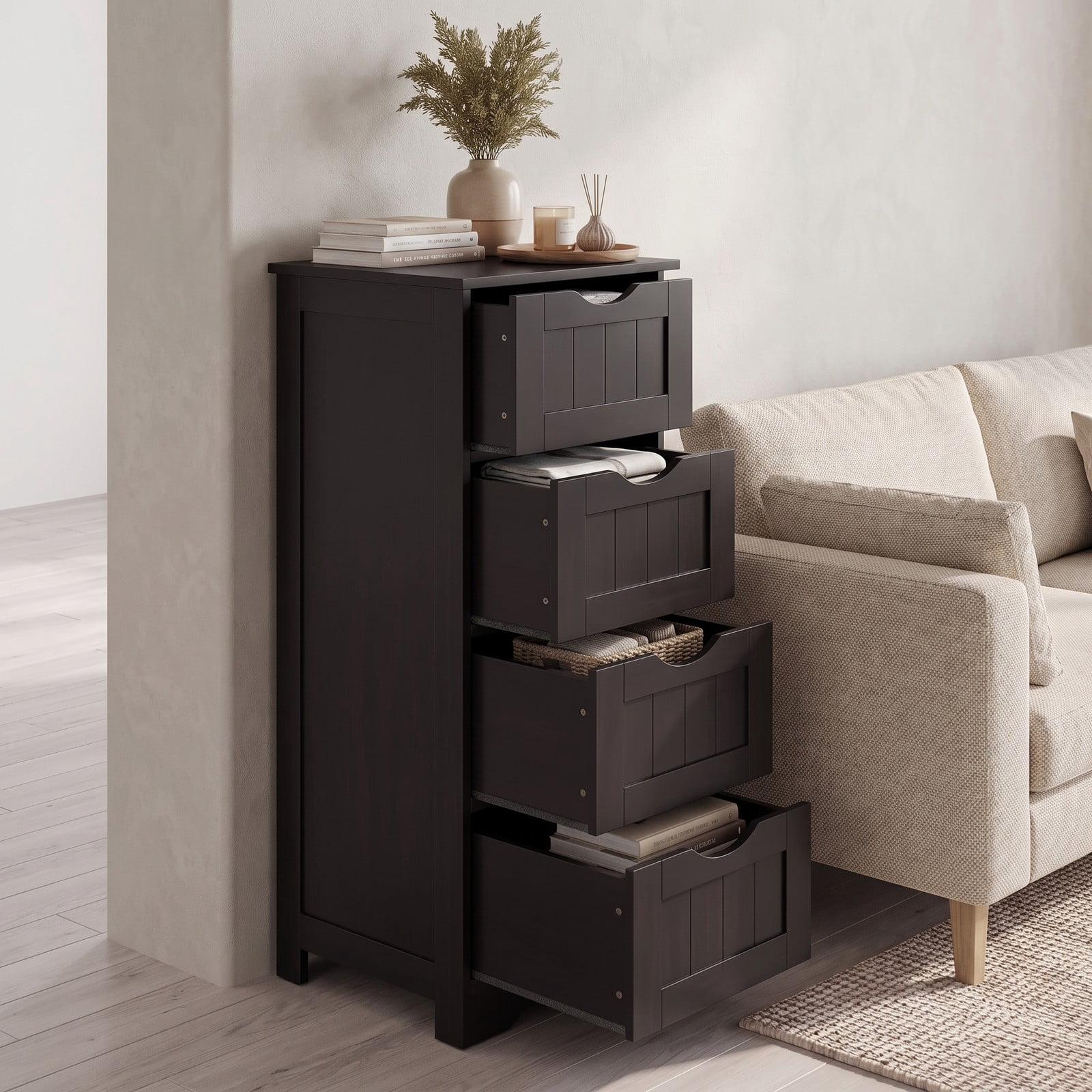 Fenbeli 4-Drawer Freestanding Floor Cabinet, Wooden Bathroom Storage Side Organizer with Anti-Toppling Device, Narrow Waterproof MDF Storage Tower for, Dark Brown