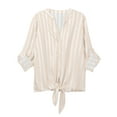 thumbnail image 7 of Tmtolofot Colorful Striped Shirts For Women 3/4 Sleeves Front Tie Tunic Blouse Female Stripes Modern Style Top Women's Casual V-Neck Tops Lightweight Comfy Pull-On Shirts,1_Khaki,Large, 7 of 7