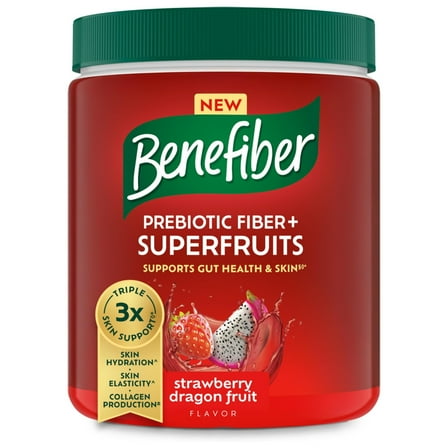 Benefiber Prebiotic Fiber   Superfruits Dietary Supplement, Strawberry Dragon Fruit Flavor, 8.8 Oz (250G), 25 Day Supply