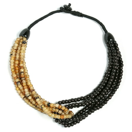 Beaded Artisan Jewelry - Tan Black Artisan Buffalo Horn Teak Wood Two Tone Boho Tribal Multi Twist Strand Bead Statement Necklace For Woman