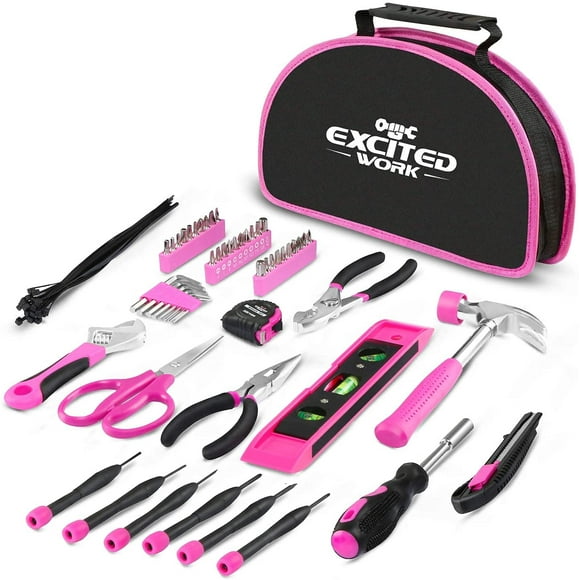 Kit de herramientas Excited Work de 69 piezas, color rosa, con bolsa de transporte