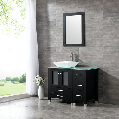 36 Modern Ceramic Vessel Sink Bowl Wood Bathroom Vanity Cabinet W Mirror Faucet