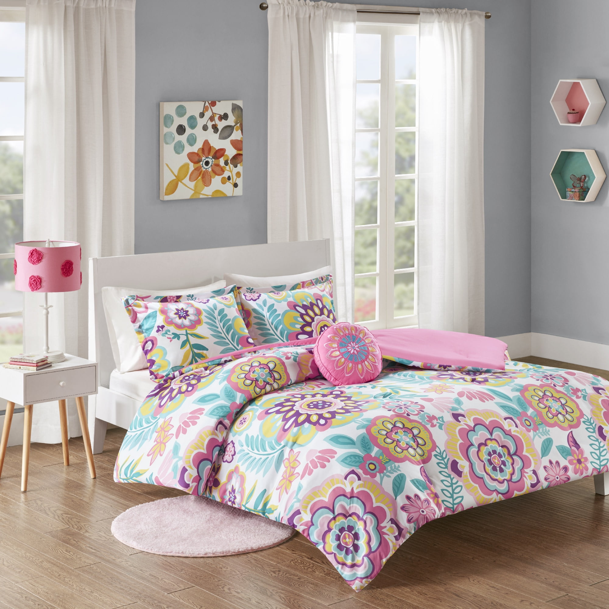 Home Essence Teen Cora Pink Floral 3 Piece Comforter Set, Twin/TwinXL