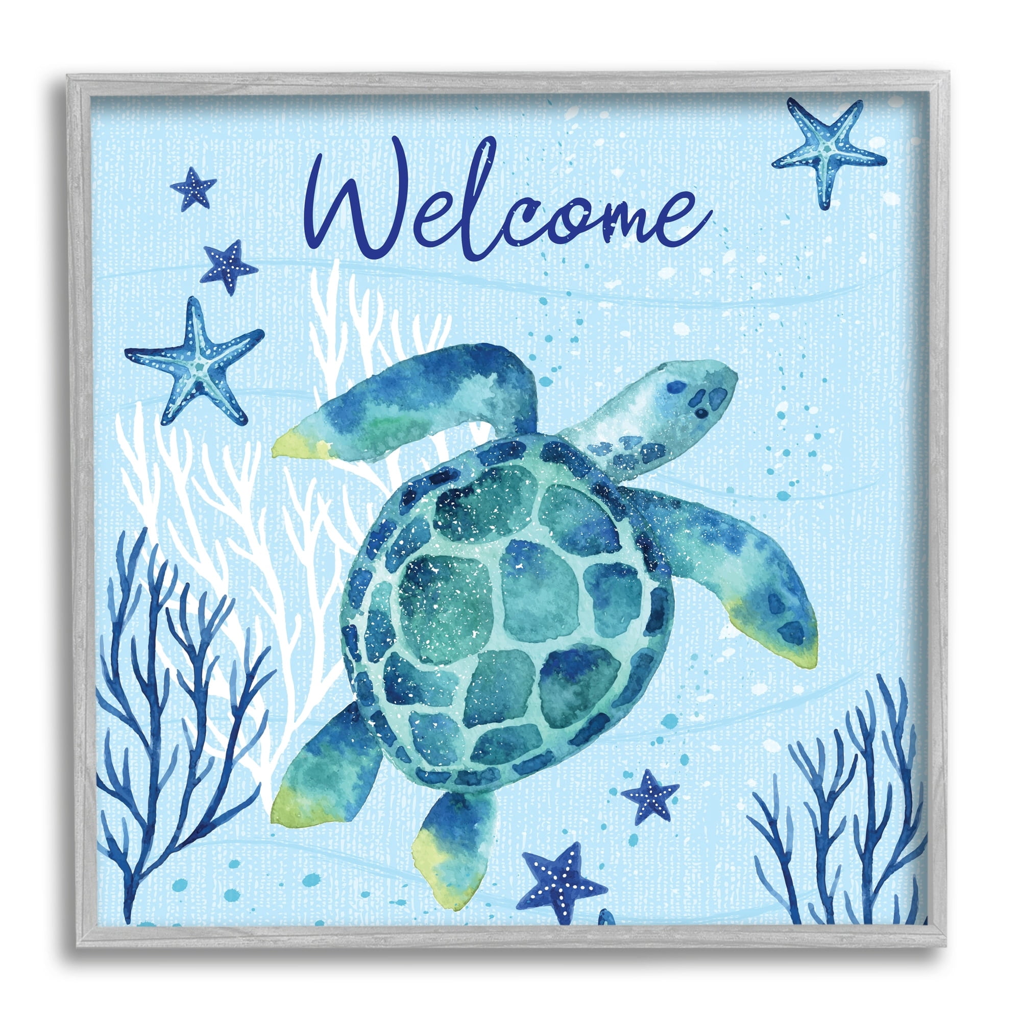 Stupell Industries Welcome Sign Sea Turtle Swimming Ocean Life Graphic Art Gray Framed Art Print Wall Art, Design by Sharon Lee