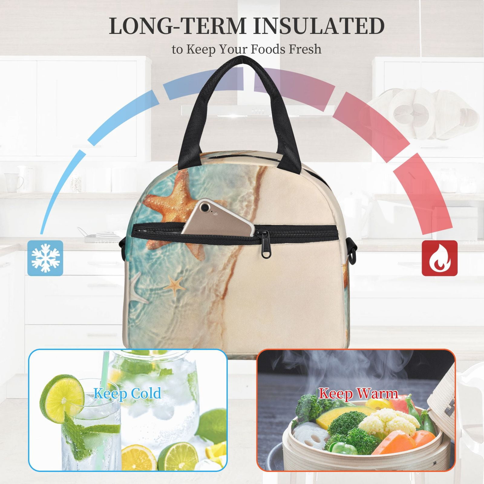 Xecao Starfish On The Sand Beach Print Insulated Lunch Box, Lunch Cags Lunch Bag Featuring An Adjustable Shoulder Strap