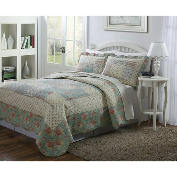 Legacy Decor 3 Pcs Quilt Bedspread Blanket Cover Light Blue Taupe And Pale Yellow Patchwork Fl Design King Size Com Legacy Decor 3 Pcs Quilt Bedspread, Sears Bedding Sets King