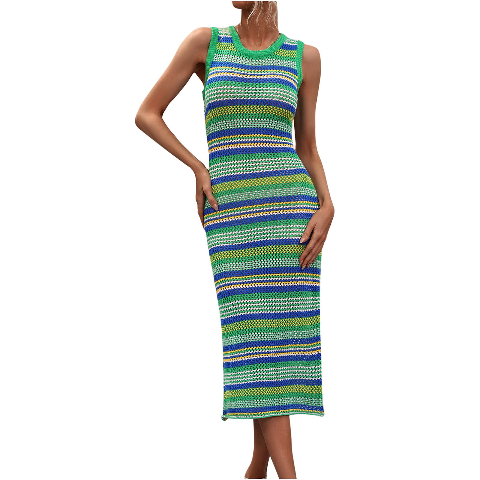 Crochet Dresses for Women Sexy Hollow Out Knitted Beach Bikini Cover Ups Sleeveless Crew Neck Trendy Stripe Printed Slim Fit Cover-Up Tank Midi Dress