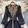 thumbnail image 3 of Black Women Flower Embroidery Dress Long Lantern Sleeve Stand Collar Chiffon Vintage High Waist Belted Midi Dresses, 3 of 6