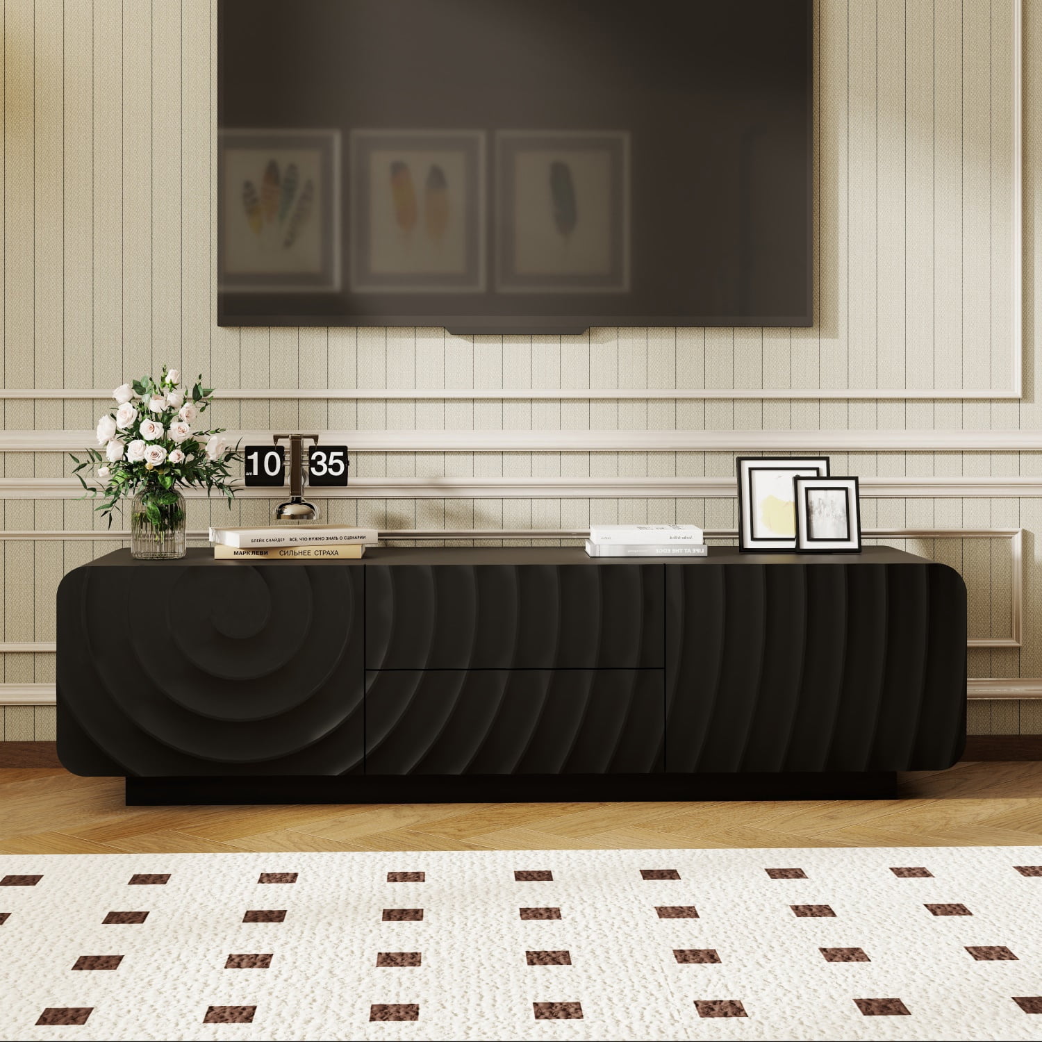 Hommoo 58" Modern Unique Spiral Wave Design TV Stand With Storage Cabinet And 2 Drawers, TV Console Entertainment Center for Living Room, Bedroom, Black