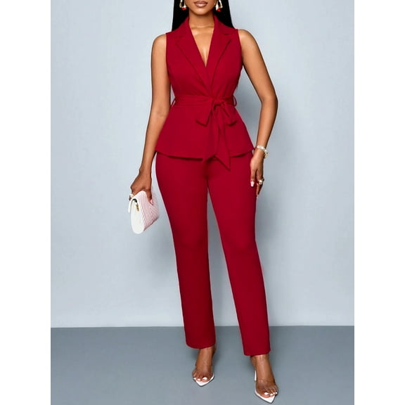 Women's Sleeveless Blazer with Belted Waist and Tailored Pants