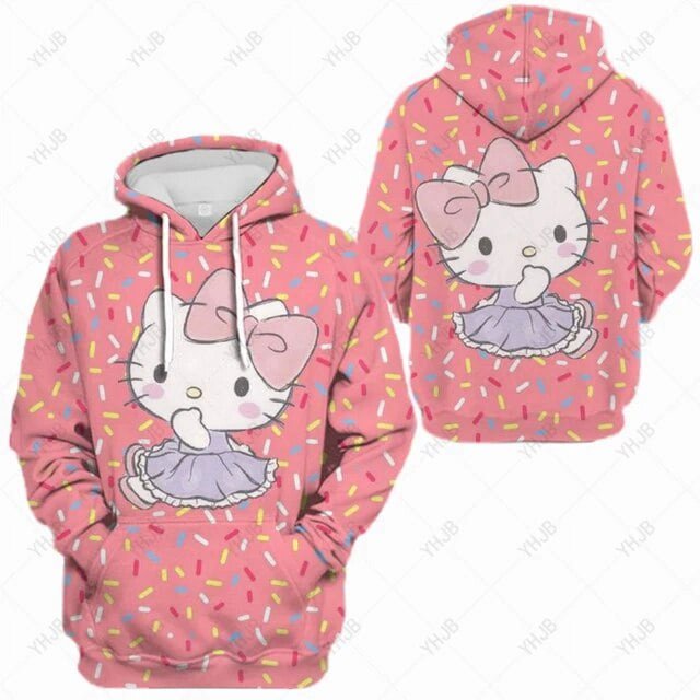 Chandail à Manches Longues d'Automne pour Femmes, Mode, Noir, Chandail à Enfiler, Série Hello Kitty à Imprimé, Col Rond, Couleur, Décontracté, pour Navette, Doux, Chandail à Capuchon