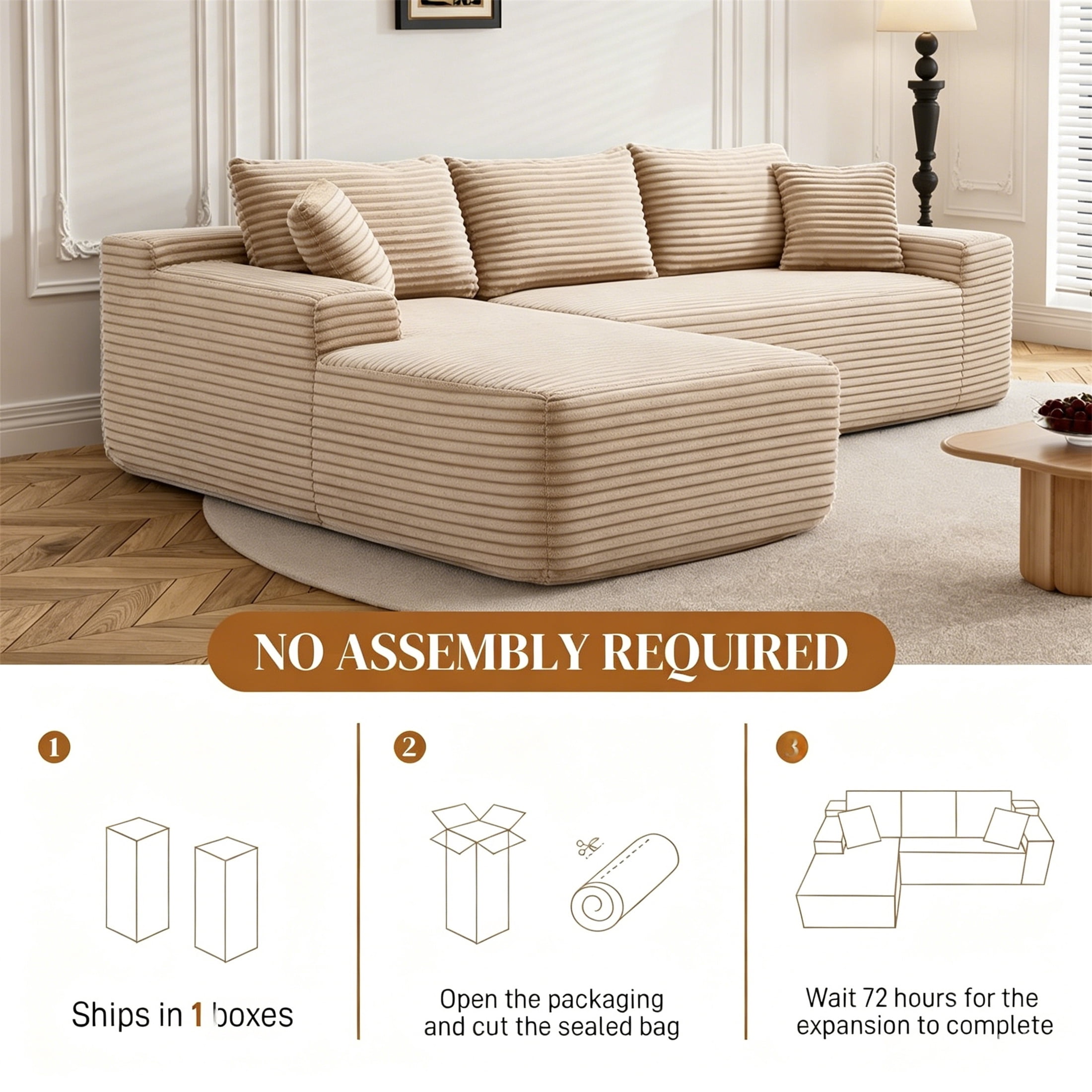 Aukfa 96" Cloud Sectional Sofa Deep Seat Boneless Couch Modular L-Shaped Couch, Left Chaise Corduroy Sofa for Living Room, Camel