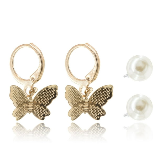 Set de dos pares de aretes CYRA modelo mariposa y perla