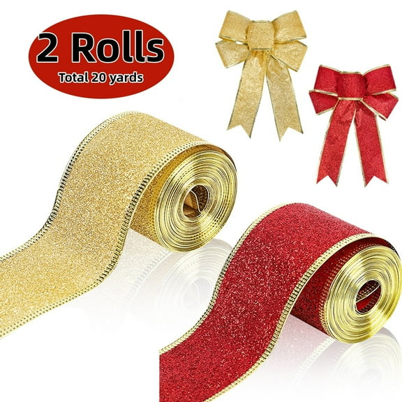 Christmas Ribbon Metallic Glitter Ribbon Wired Edge Bouquet DIY Crafts Wedding Xmas Party Wrapping Decorations (Gold&Red，2 Rolls， Total 20 yards)